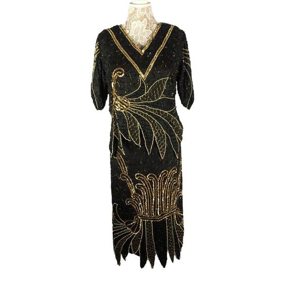NWT Stunning Vintage silk sequenced beaded black, gold top, skirt set size large - Picture 14 of 17